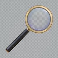 3d golden magnify glass with handle and lens zoom view. Realistic magnifier loupe. Search or analytic with magnifying tool vector concept