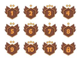 Game level number. Wooden frame selection screen, cartoon ranking achievement badge, decorative GUI wood board with rating score for rpg. Vector set