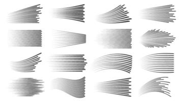 Speed lines effect. Fast motion manga or comic linear patterns. Horizontal and wavy car movement stripes or anime action dynamic vector set