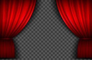 Red curtains. Realistic open velvet stage curtain for theatre show, circus or cinema. Portiere drapes for premiere ceremony vector template