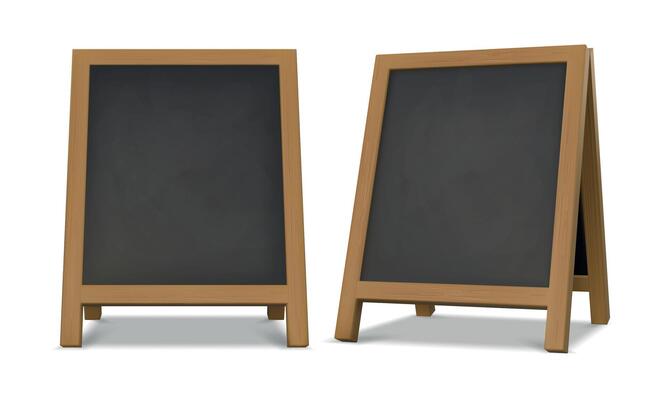 Outdoor chalk menu blackboard stand with wood frame. Realistic chalkboard easel for cafe or restaurant. Street advertising board vector set
