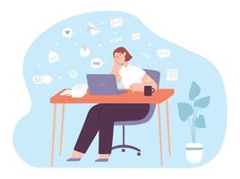 Information overload. Woman sitting at desk with laptop having much work. Stressed female character working with documents vector