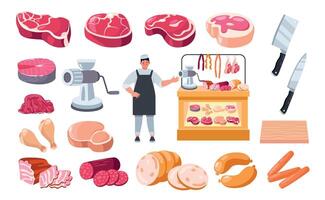 dibujos animados Carnicero con carne. hombre personaje con cuchillo en cocinero uniforme ofrecimiento Fresco productos, salchichas carne de vaca Cerdo filetes, tienda de comestibles Tienda concepto. vector ilustración