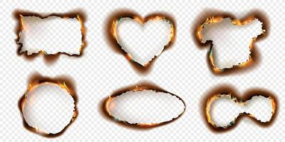 Burnt paper frames with charred edges and fire flames effect. Realistic circle, rectangle and heart shaped burning ash torn holes vector set