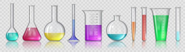 cubilete con productos quimicos realista 3d laboratorio vaso equipo, prueba tubos y matraz. laboratorio cristalería para médico o Ciencias estudiar vector conjunto