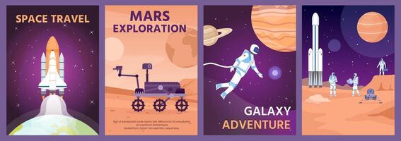 Space exploring poster. Galaxy landscape with rocket, planets and astronaut. Mars rover on planet surface. Cosmic science banner vector set