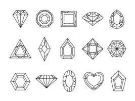 Gem, diamond, crystal and jewel stone shapes line icons. Outline emerald, carat, sapphire and ruby. Linear luxury brilliants logo vector set