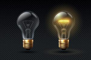 Realistic light bulb. On and off glass electric lightbulbs with filament. 3d lamp with glow effect. Creative or business idea vector concept