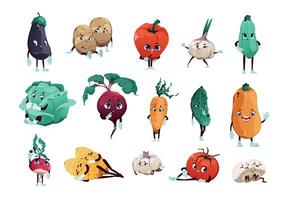 Vegetable characters. Cartoon cute fresh organic food mascots with funny faces hands and legs, happy garden kids clipart. Vector potato onion tomato cucumber persons set