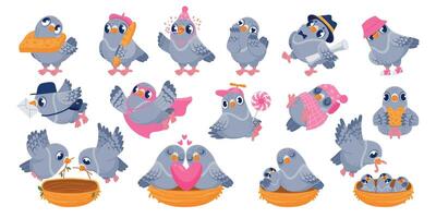 Pigeon characters. Cartoon funny birds sitting together and communicating, building nest and having a conflict. Vector pigeon animals interactions set