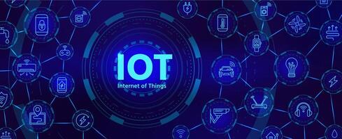 iot tecnología. digital bandera para Internet de cosas o inteligente hogar dispositivo red con iconos futurista innovación industria vector concepto