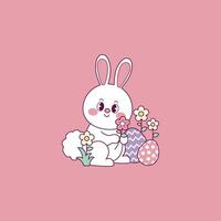 cute easter bunny illustration with flowers and easter eggs vector