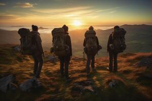 AI generated people with backpacks climbing mountains. generative ai photo