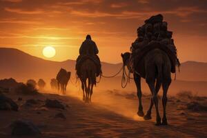 ai generado camello trekking en África a puesta de sol. generativo ai foto