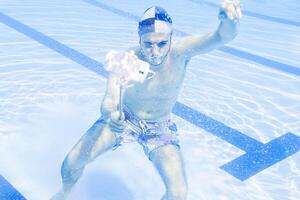 Young handsome man tekes a selfie underwater photo