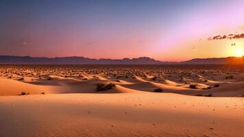 ai gerado a Sol lentamente desce sobre uma estéril deserto, fundição uma caloroso brilho em a seco paisagem, digital panorama do uma estéril deserto às pôr do sol, ai gerado video