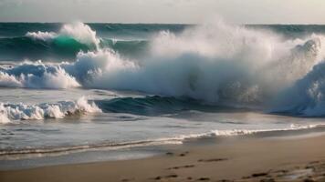 ai gerado uma pessoa caminhando em uma de praia enquanto carregando uma prancha de surfe, exibindo seus viagem ao longo a litoral, uma tranquilo meio dia cena do calma oceano ondas suavemente lapidação contra a costa video