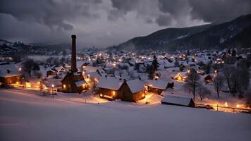 ai generiert Erfahrung ein szenisch Dorf verschlungen im Schnee, wie das zahlreich Beleuchtung bringen ein warm glühen zu das winterlich Landschaft, ein ruhig schneebedeckt Dorf, glühend Fenster, und Rauch wogend von Schornsteine video