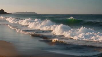 ai generato grande corpo di acqua e sabbioso spiaggia, il naturale ambientazione e dinamico interazioni fra il acqua e sabbia, un' tranquillo mezzogiorno scena di calma oceano onde delicatamente lappatura contro il riva video