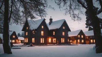 AI generated spacious house covered in a blanket of snow, multiple windows that allow natural light into the interior, A quiet snowy village, glowing windows, and smoke billowing from chimneys video