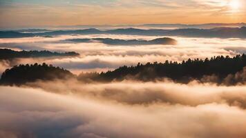 ai generato aereo Visualizza di un' foresta coperto nel nebbia durante Alba su un' estate mattina, trova è coperto di nebbia su estate le mattine durante Alba, aereo Visualizza, ai generato video