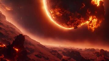 AI generated A rare moment when the moon partially blocks the sun, creating a sun eclipse in the sky, Flying over an uncharted burning planet on fire in outer space, AI Generated video