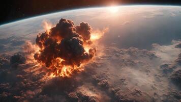 AI generated Witness a colossal explosion of smoke and flames erupting over the burning Earth from outer space, Flying over an uncharted burning planet on fire in outer space, AI Generated video