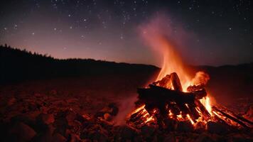 ai généré une feu de camp crépitements avec embrasé braise dans le milieu de une champ à nuit en dessous de une étoilé ciel, numérique feu de camp sur une étoilé nuit, avec embrasé braise, ai généré video