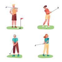 Golf playing. Female and male characters exercising with golf clubs, hitting ball. Players doing sport vector