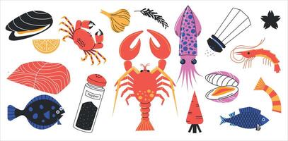 Abstract seafood. Fish shellfish product ingredients caviar salmon mussels shrimp codfish sprats cartoon style, healthy nutrition concept. Vector set