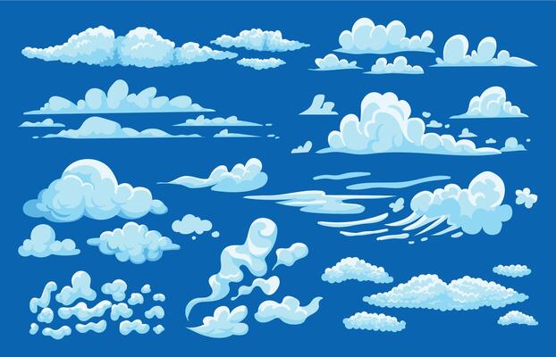 Cumulus clouds. Cartoon game UI 2D asset, summer cloudy sky background, sprite set of vapor fog mist and smoke. Vector cirrus and noctilucent clouds isolated set