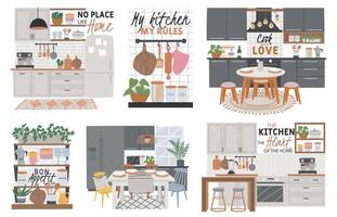 Posters with cozy kitchen room interiors and cook quotes. Kitchens furniture, cabinets, dining table and utensils. Hygge cooking vector set