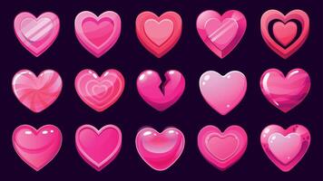 Game hearts. Cartoon asset of candy UI hearts for mobile 2D game, cute glossy heart interface icons, love and hero life level symbol. Vector isolated set