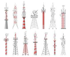 Wireless towers. Telecommunication network tower. Mobile and radio airwave connection systems. Communication satellite antennas vector set