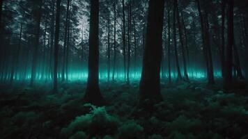 ai gerado uma denso floresta preenchidas com a abundância do verde plantas e árvores, criando uma vibrante e animado cena, a etéreo bioluminescente floresta dentro a profundidades do noite, ai gerado video