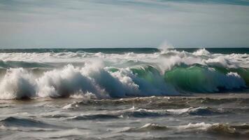 ai generato orologio come un' persona abilmente cavalcate un' tavola da surf su un' potente onda nel il oceano, un' tranquillo mezzogiorno scena di calma oceano onde delicatamente lappatura contro il costa, ai generato video