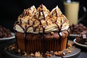 AI generated Sponge cake with cream, chocolate topping and nut topping on a dark background Delicious homemade dessert photo