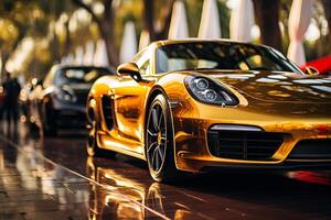 AI generated Gold-plated luxury cars lined up at an exclusive event, blending extravagance with automotive design photo