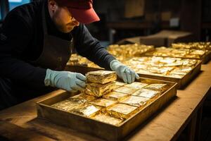 ai generado manos contando pilas de oro barras, destacando el tangible y sustancial naturaleza de oro valores en cartera foto