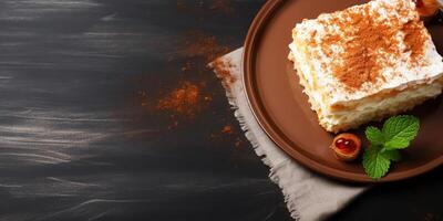 AI generated Top view of Napoleon cake on dark background with copy space layered delight Delicious fresh baked healthy vegan homemade dessert photo
