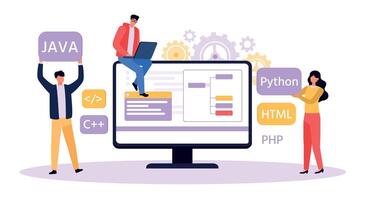 Programmer and designer developing website. Software developer writing python, java, html code. Man working on laptop vector
