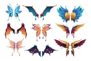 Cartoon fairy wings. Abstract magic fantasy butterfly and bird feather shapes, beautiful winged angel and fairy tale character elements. Vector isolated set