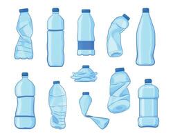 Crumpled bottles. Broken plastic bottles, crushed empty plastic containers, recycle garbage eco concept. Vector isolated set