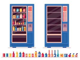 Full vending machine. Automatic snack and beverage dispenser with snacks and beverages, fresh cold and hot products. Vector vending machine with snacks and beverages set