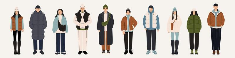 People in winter clothes. Cartoon characters wearing winter coats and hats, modern male and female characters in trendy wintertime outfits. Vector set