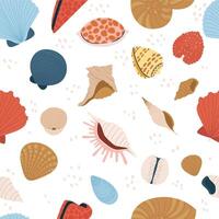 Seashell seamless pattern. Tropical and nautical elements. Ocean underwater conch or mollusk textile print vector