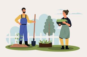 agrícola empleados trabajando en jardín con herramientas. hembra y masculino caracteres creciente vegetales vector