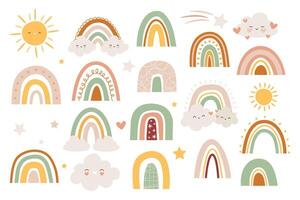 linda arco iris nube Dom. resumen mano dibujado vistoso meteorológico símbolos, infantil boho resumen cielo elementos para envase fondo de pantalla diseño. vector conjunto