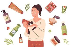 mujer belleza rutina productos cosméticos. niña personal cuidado productos para diario bañera y aseo. vector dibujos animados caracteres cara y cuerpo cuidado productos aislado conjunto