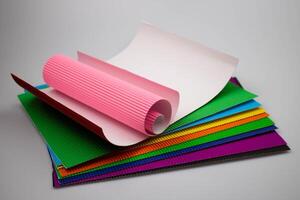 A roll of pink corrugated paper on multicolored leaves of corrugated paper photo